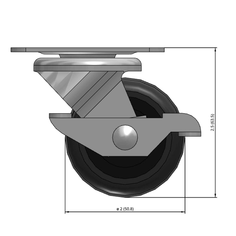Front dimensioned CAD view of a Faultless Casters 2" x 1" wide wheel Swivel caster with 1-7/8" x 2-9/16" top plate, with a side locking brake, Soft Rubber wheel and 90 lb. capacity part
