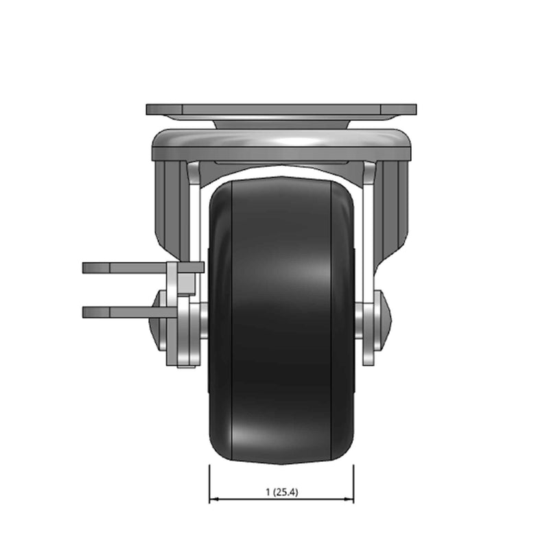 Top dimensioned CAD view of a Faultless Casters 2" x 1" wide wheel Swivel caster with 1-7/8" x 2-9/16" top plate, with a side locking brake, Soft Rubber wheel and 90 lb. capacity part