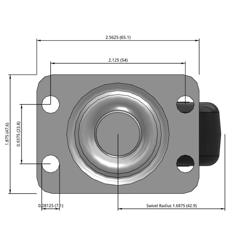 Side dimensioned CAD view of a Faultless Casters 2" x 1" wide wheel Swivel caster with 1-7/8" x 2-9/16" top plate, without a brake, Soft Rubber wheel and 90 lb. capacity part
