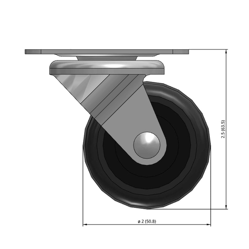 Front dimensioned CAD view of a Faultless Casters 2" x 1" wide wheel Swivel caster with 1-7/8" x 2-9/16" top plate, without a brake, Soft Rubber wheel and 90 lb. capacity part