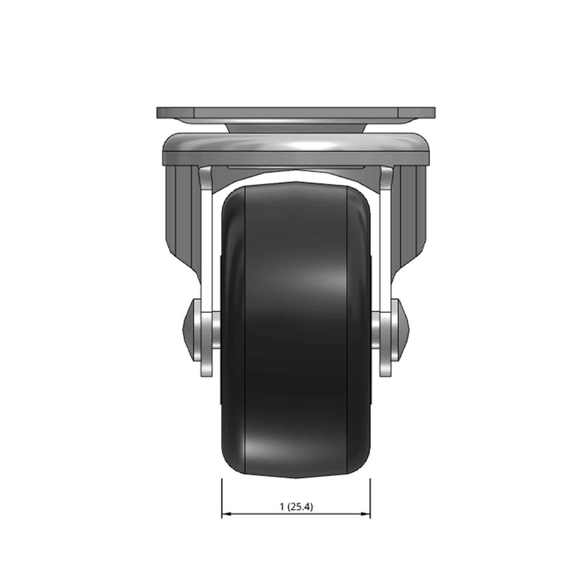 Top dimensioned CAD view of a Faultless Casters 2" x 1" wide wheel Swivel caster with 1-7/8" x 2-9/16" top plate, without a brake, Soft Rubber wheel and 90 lb. capacity part