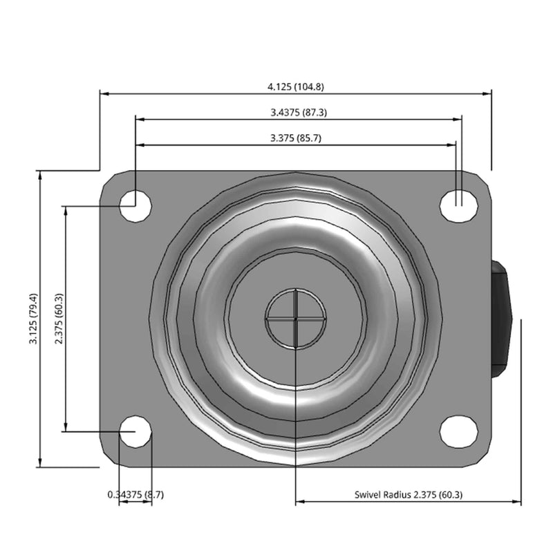 Side dimensioned CAD view of a Faultless Casters 3" x 1.25" wide wheel Swivel caster with 3-1/8" x 4-1/8" top plate, without a brake, Soft Rubber wheel and 175 lb. capacity part
