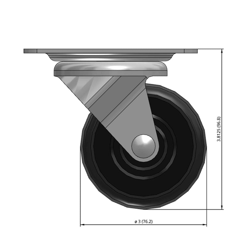 Front dimensioned CAD view of a Faultless Casters 3" x 1.25" wide wheel Swivel caster with 3-1/8" x 4-1/8" top plate, without a brake, Soft Rubber wheel and 175 lb. capacity part