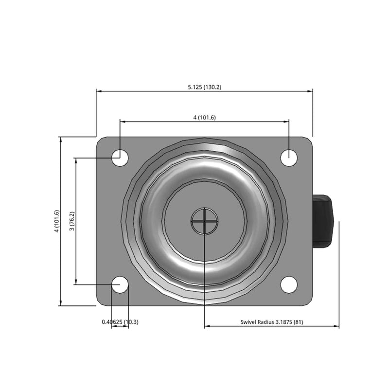 Side dimensioned CAD view of a Faultless Casters 4" x 1.3125" wide wheel Swivel caster with 4" x 5-1/8" top plate, without a brake, Soft Rubber wheel and 225 lb. capacity part