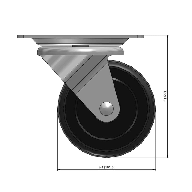 Front dimensioned CAD view of a Faultless Casters 4" x 1.3125" wide wheel Swivel caster with 4" x 5-1/8" top plate, without a brake, Soft Rubber wheel and 225 lb. capacity part