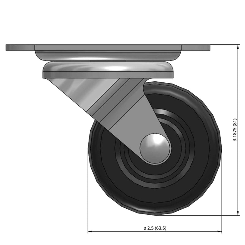 Front dimensioned CAD view of a Faultless Casters 2.5" x 1.125" wide wheel Swivel caster with 2-3/4" x 3-13/16" top plate, without a brake, Hard Rubber wheel and 200 lb. capacity part