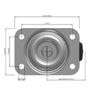 Side dimensioned CAD view of a Faultless Casters 2.5" x 1.125" wide wheel Swivel caster with 2-3/4" x 3-13/16" top plate, without a brake, Hard Rubber wheel and 200 lb. capacity part