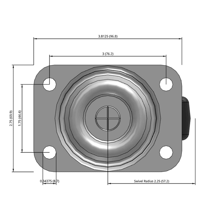 Side dimensioned CAD view of a Faultless Casters 2.5" x 1.125" wide wheel Swivel caster with 2-3/4" x 3-13/16" top plate, without a brake, Hard Rubber wheel and 200 lb. capacity part