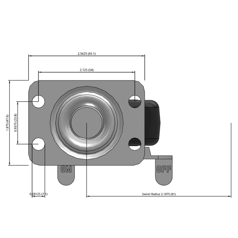 Side dimensioned CAD view of a Faultless Casters 2" x 1" wide wheel Swivel caster with 1-7/8" x 2-9/16" top plate, with a side locking brake, Hard Rubber wheel and 150 lb. capacity part