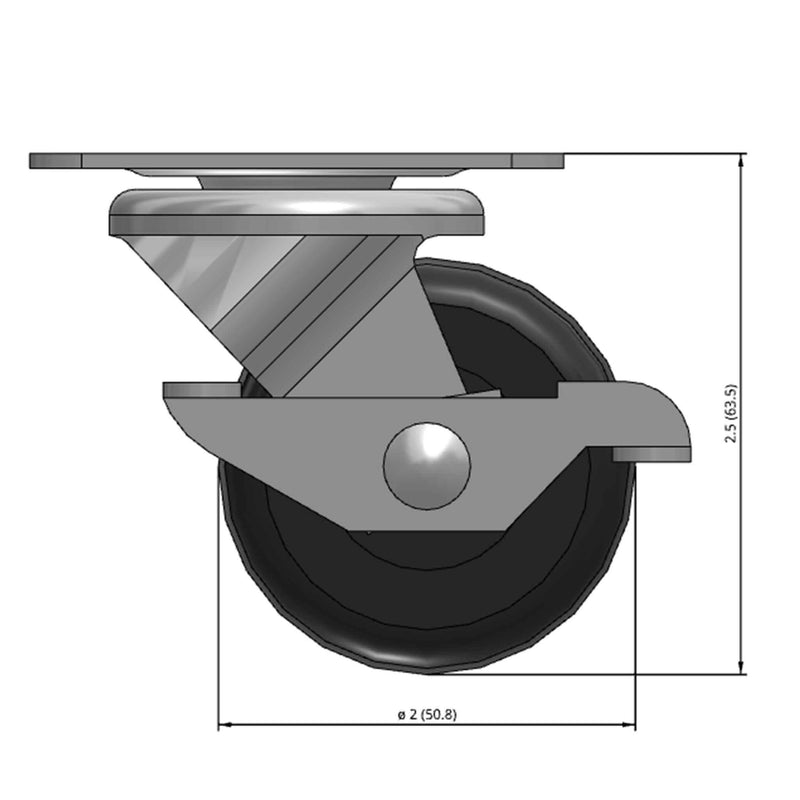 Front dimensioned CAD view of a Faultless Casters 2" x 1" wide wheel Swivel caster with 1-7/8" x 2-9/16" top plate, with a side locking brake, Hard Rubber wheel and 150 lb. capacity part