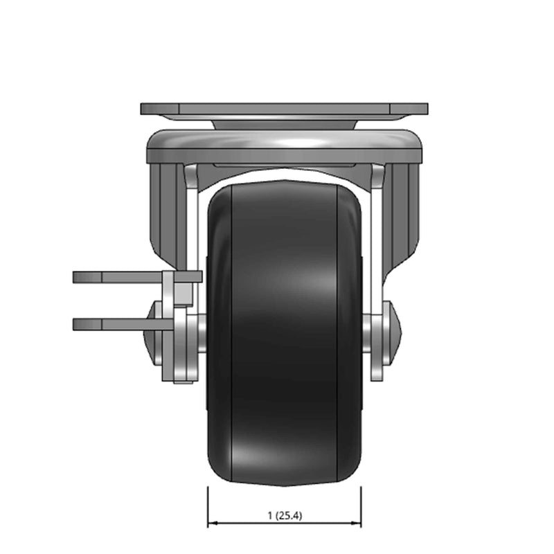 Top dimensioned CAD view of a Faultless Casters 2" x 1" wide wheel Swivel caster with 1-7/8" x 2-9/16" top plate, with a side locking brake, Hard Rubber wheel and 150 lb. capacity part
