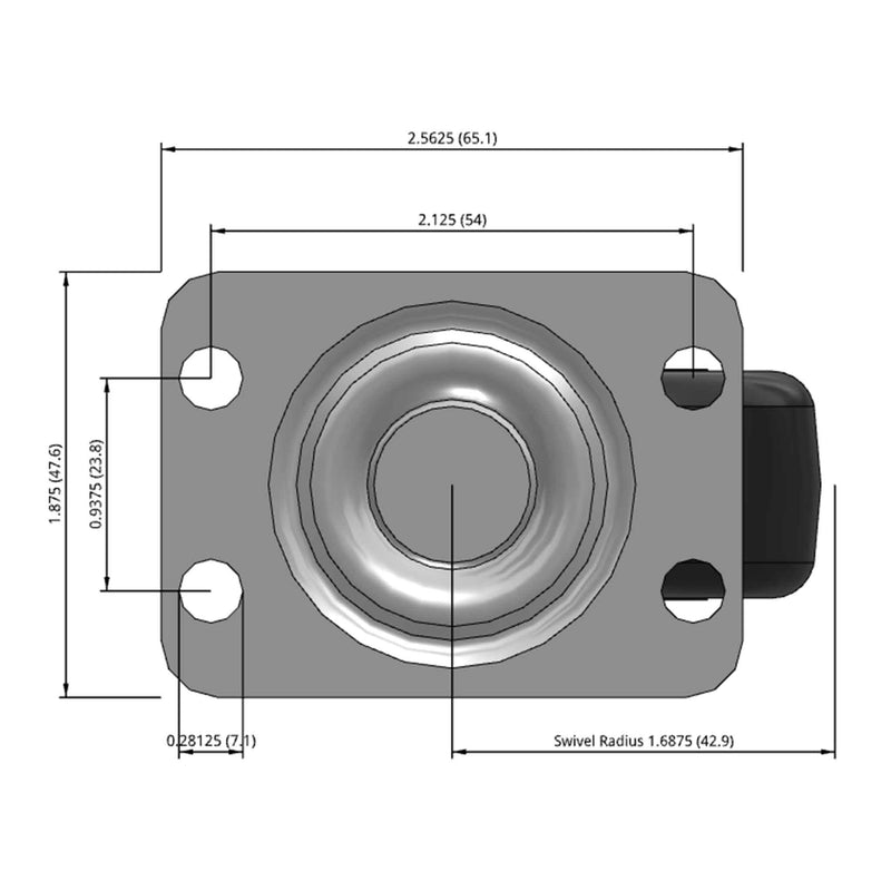 Side dimensioned CAD view of a Faultless Casters 2" x 1" wide wheel Swivel caster with 1-7/8" x 2-9/16" top plate, without a brake, Hard Rubber wheel and 150 lb. capacity part