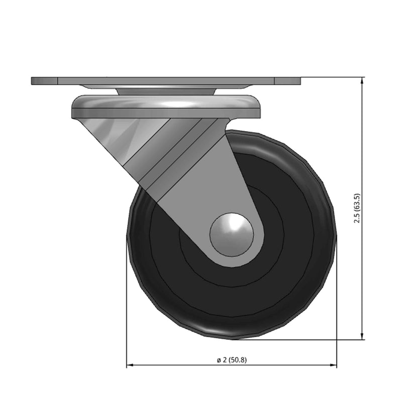 Front dimensioned CAD view of a Faultless Casters 2" x 1" wide wheel Swivel caster with 1-7/8" x 2-9/16" top plate, without a brake, Hard Rubber wheel and 150 lb. capacity part