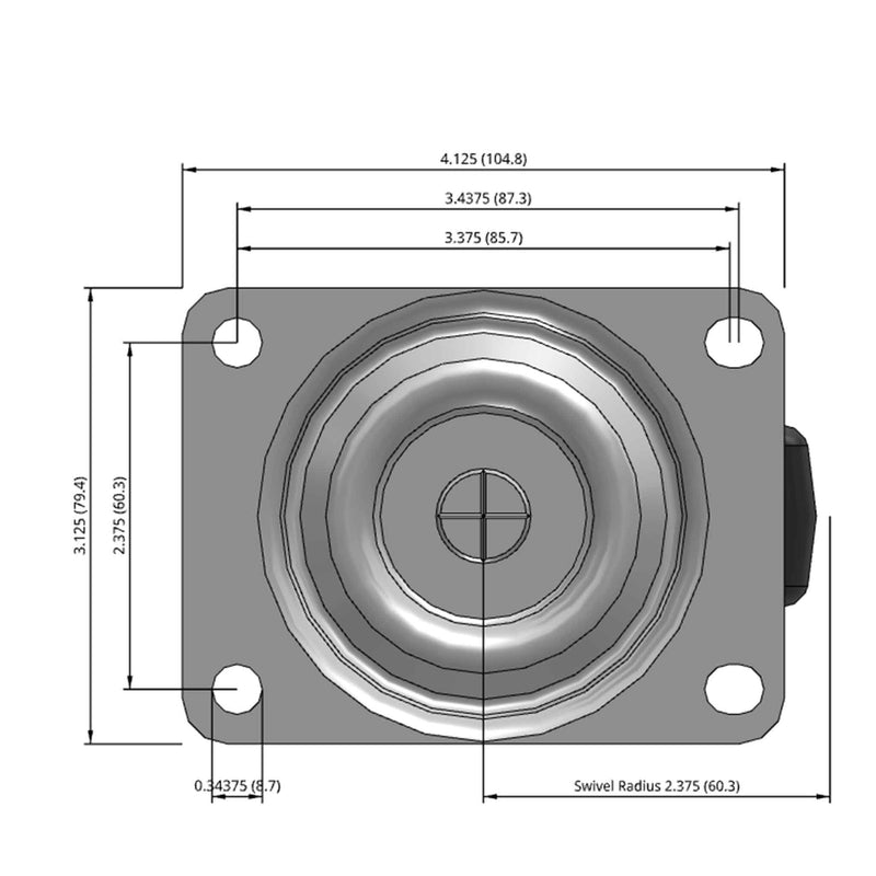 Side dimensioned CAD view of a Faultless Casters 3" x 1.25" wide wheel Swivel caster with 3-1/8" x 4-1/8" top plate, without a brake, Hard Rubber wheel and 270 lb. capacity part