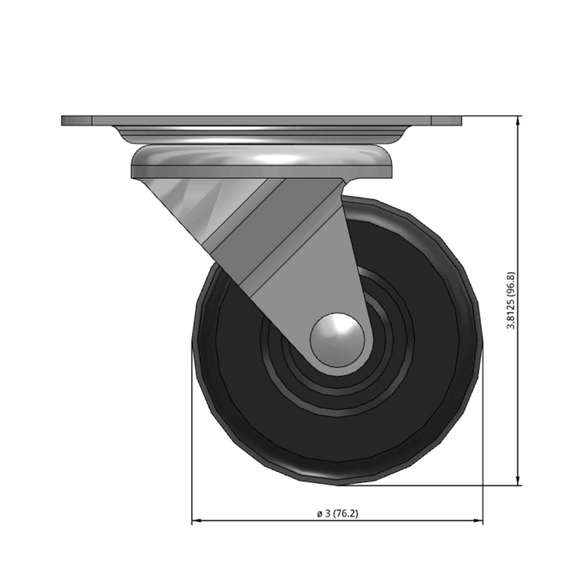 Front dimensioned CAD view of a Faultless Casters 3" x 1.25" wide wheel Swivel caster with 3-1/8" x 4-1/8" top plate, without a brake, Hard Rubber wheel and 270 lb. capacity part