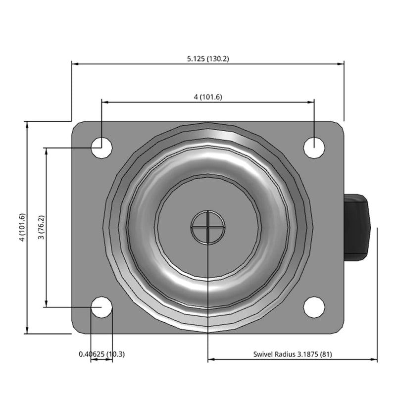 Side dimensioned CAD view of a Faultless Casters 4" x 1.3125" wide wheel Swivel caster with 4" x 5-1/8" top plate, without a brake, Hard Rubber wheel and 350 lb. capacity part