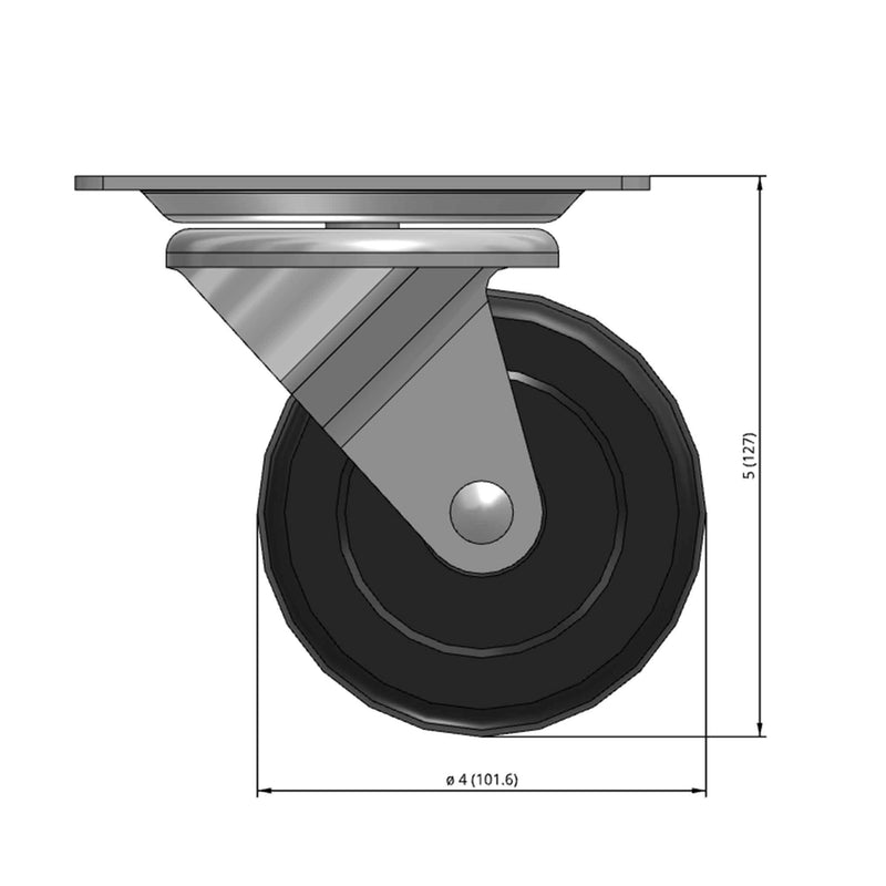 Front dimensioned CAD view of a Faultless Casters 4" x 1.3125" wide wheel Swivel caster with 4" x 5-1/8" top plate, without a brake, Hard Rubber wheel and 350 lb. capacity part