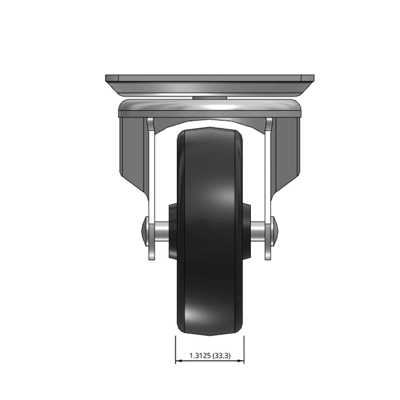 Top dimensioned CAD view of a Faultless Casters 4" x 1.3125" wide wheel Swivel caster with 4" x 5-1/8" top plate, without a brake, Hard Rubber wheel and 350 lb. capacity part