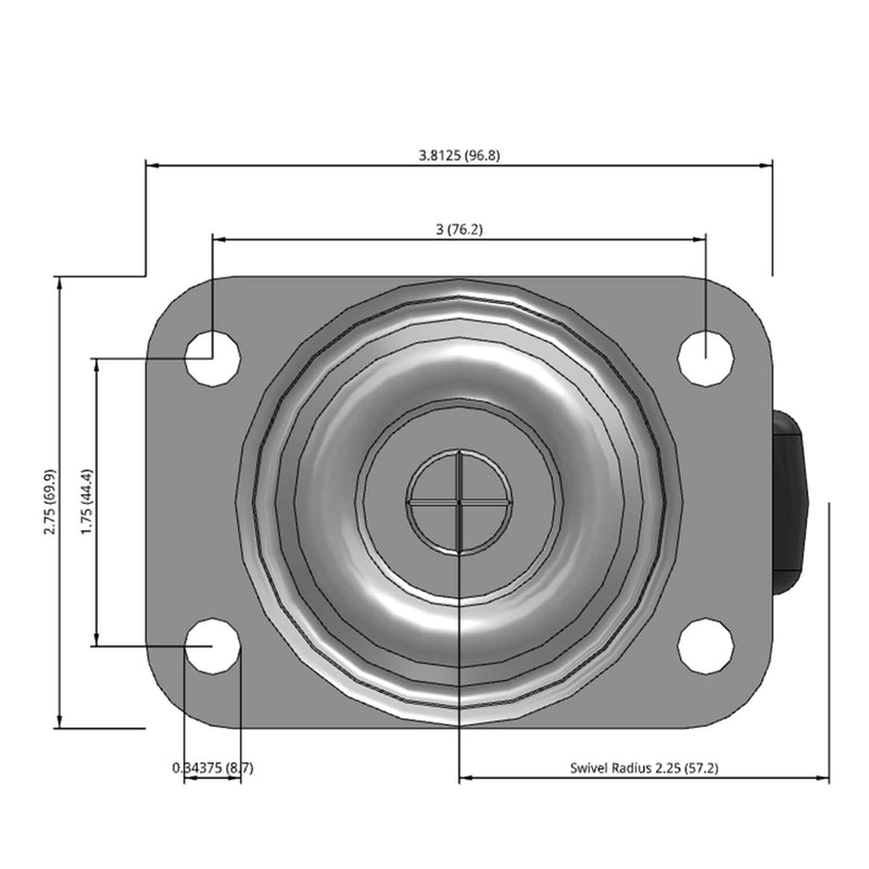 Side dimensioned CAD view of a Faultless Casters 2.5" x 1.125" wide wheel Swivel caster with 2-3/4" x 3-13/16" top plate, without a brake, Polypropylene wheel and 200 lb. capacity part