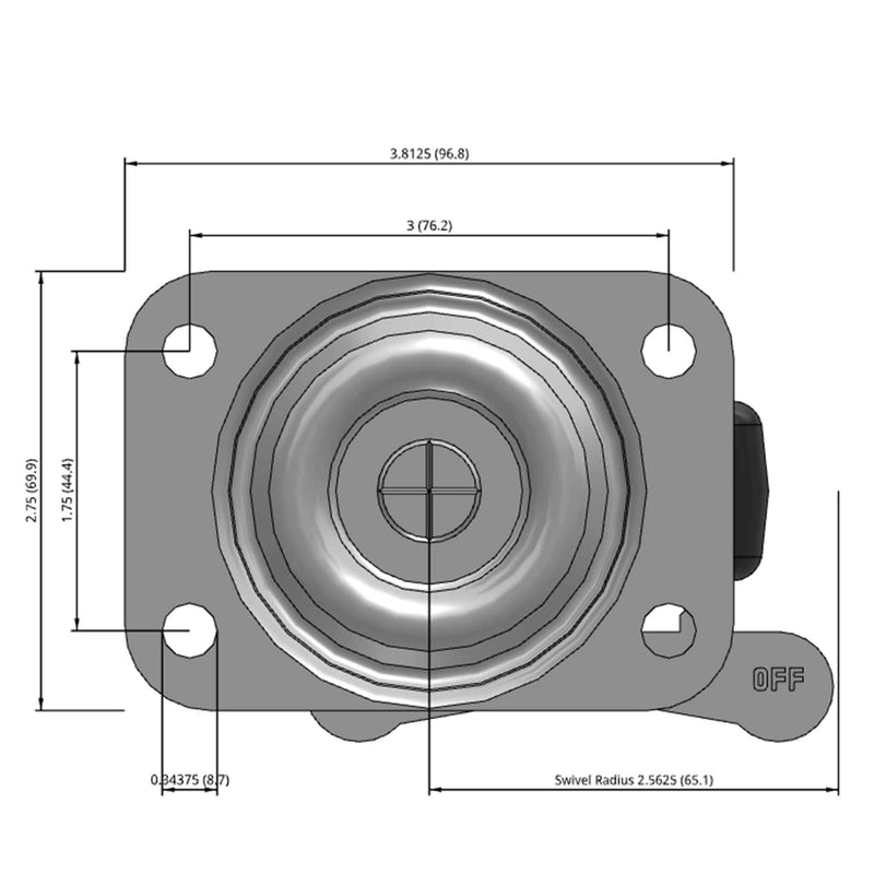 Side dimensioned CAD view of a Faultless Casters 2.5" x 1.125" wide wheel Swivel caster with 2-3/4" x 3-13/16" top plate, with a side locking brake, Polypropylene wheel and 200 lb. capacity part