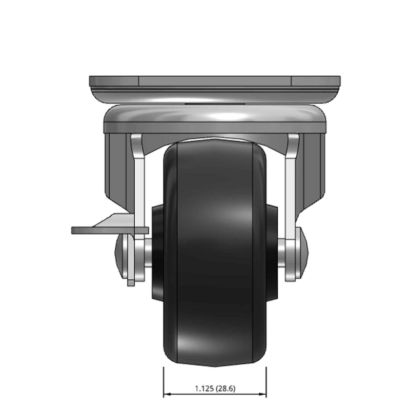 Top dimensioned CAD view of a Faultless Casters 2.5" x 1.125" wide wheel Swivel caster with 2-3/4" x 3-13/16" top plate, with a side locking brake, Polypropylene wheel and 200 lb. capacity part