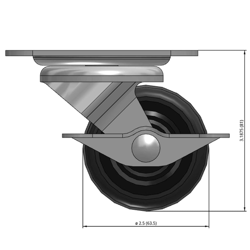 Front dimensioned CAD view of a Faultless Casters 2.5" x 1.125" wide wheel Swivel caster with 2-3/4" x 3-13/16" top plate, with a side locking brake, Polypropylene wheel and 200 lb. capacity part