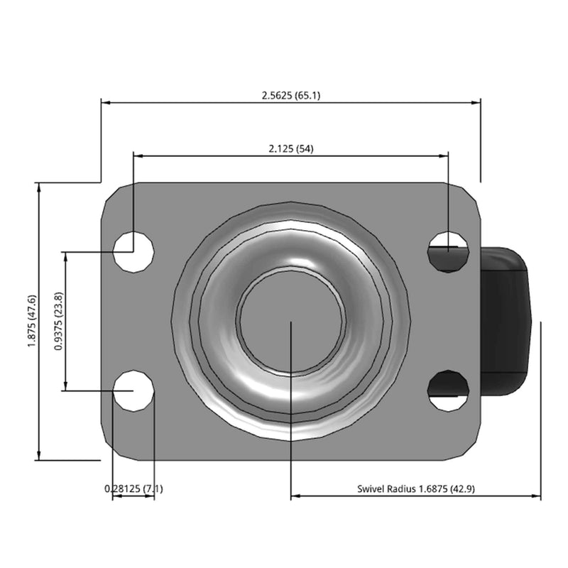 Side dimensioned CAD view of a Faultless Casters 2" x 1" wide wheel Swivel caster with 1-7/8" x 2-9/16" top plate, without a brake, Polypropylene wheel and 150 lb. capacity part