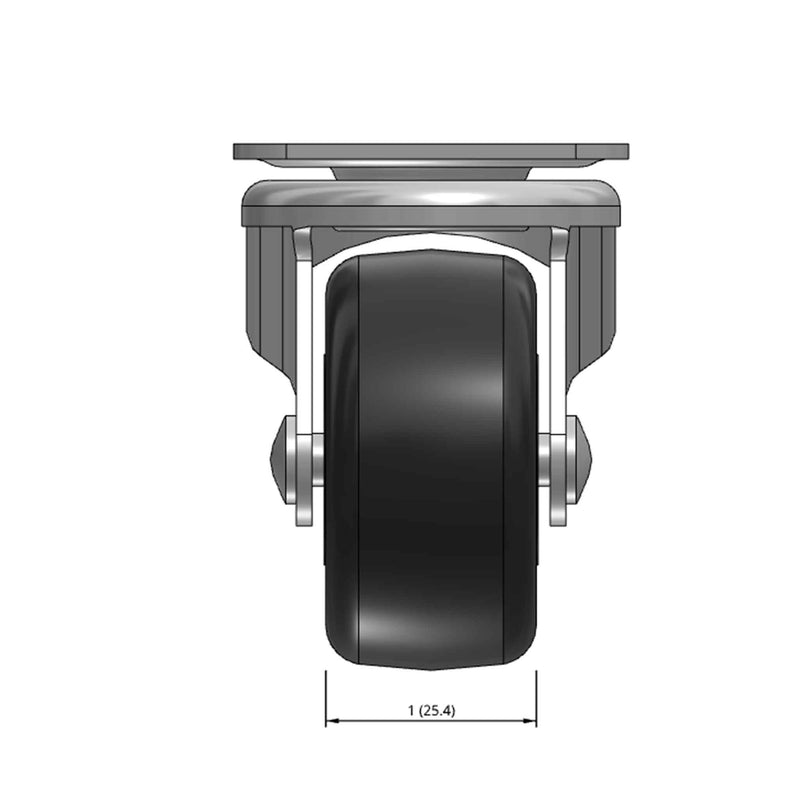 Top dimensioned CAD view of a Faultless Casters 2" x 1" wide wheel Swivel caster with 1-7/8" x 2-9/16" top plate, without a brake, Polypropylene wheel and 150 lb. capacity part