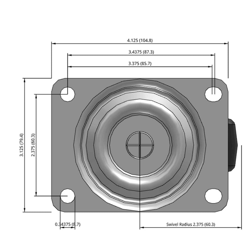 Side dimensioned CAD view of a Faultless Casters 3" x 1.25" wide wheel Swivel caster with 3-1/8" x 4-1/8" top plate, without a brake, Polypropylene wheel and 270 lb. capacity part