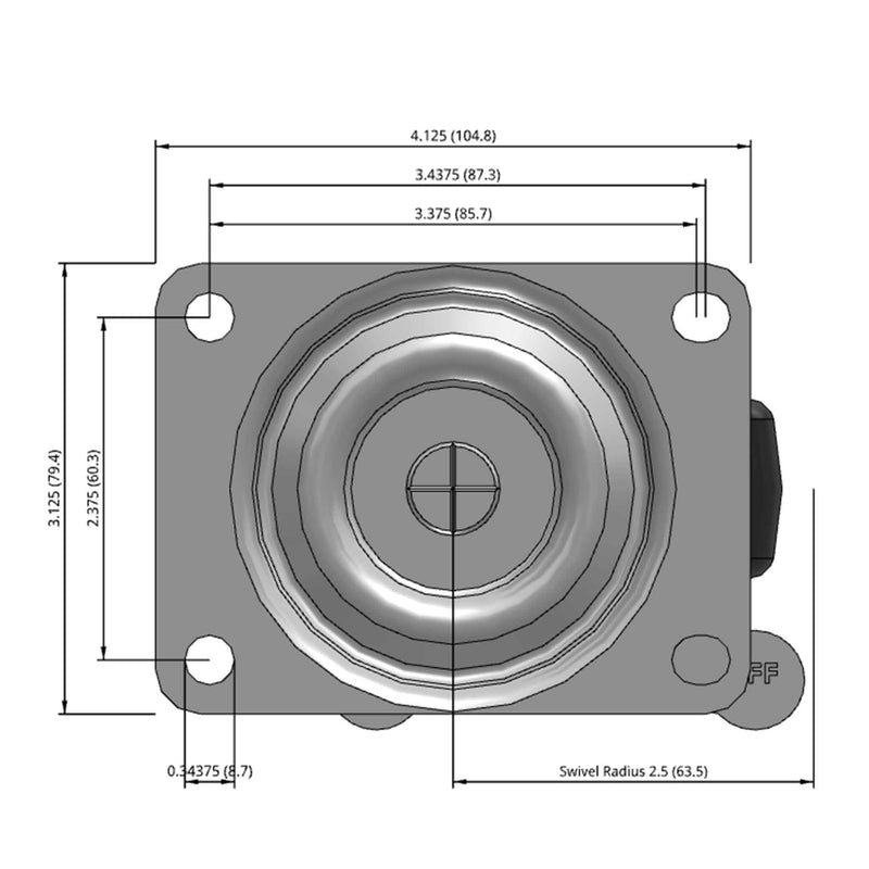 Side dimensioned CAD view of a Faultless Casters 3" x 1.25" wide wheel Swivel caster with 3-1/8" x 4-1/8" top plate, with a side locking brake, Polypropylene wheel and 270 lb. capacity part