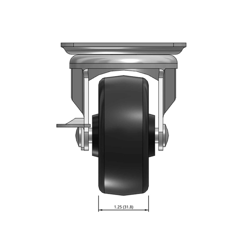 Top dimensioned CAD view of a Faultless Casters 3" x 1.25" wide wheel Swivel caster with 3-1/8" x 4-1/8" top plate, with a side locking brake, Polypropylene wheel and 270 lb. capacity part
