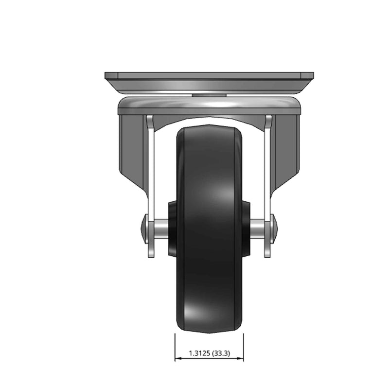 Top dimensioned CAD view of a Faultless Casters 4" x 1.3125" wide wheel Swivel caster with 4" x 5-1/8" top plate, without a brake, Polypropylene wheel and 350 lb. capacity part
