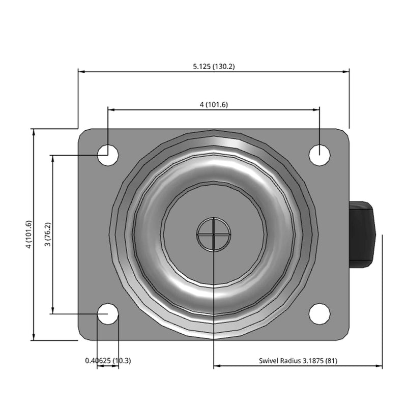 Side dimensioned CAD view of a Faultless Casters 4" x 1.3125" wide wheel Swivel caster with 4" x 5-1/8" top plate, without a brake, Polypropylene wheel and 350 lb. capacity part