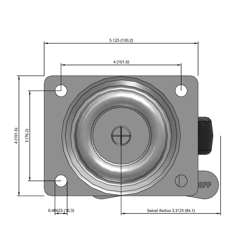 Side dimensioned CAD view of a Faultless Casters 4" x 1.3125" wide wheel Swivel caster with 4" x 5-1/8" top plate, with a side locking brake, Polypropylene wheel and 350 lb. capacity part