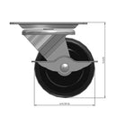 Front dimensioned CAD view of a Faultless Casters 4" x 1.3125" wide wheel Swivel caster with 4" x 5-1/8" top plate, with a side locking brake, Polypropylene wheel and 350 lb. capacity part