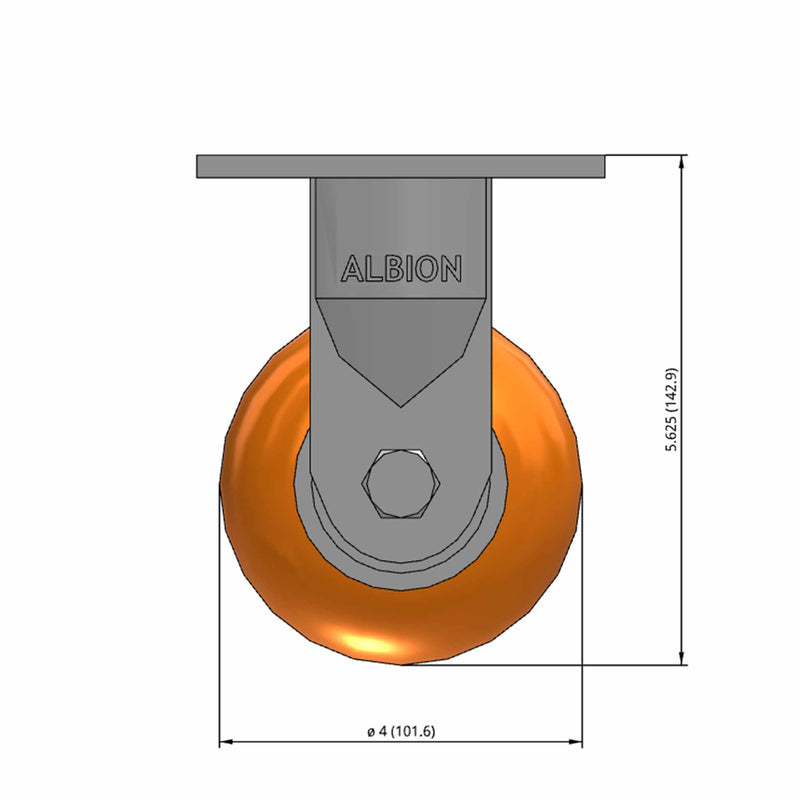 Front dimensioned CAD view of an Albion Casters 4" x 2" wide wheel Rigid caster with 4" x 4-1/2" top plate, without a brake, AN - Round Polyurethane (Aluminum Core) wheel and 800 lb. capacity part