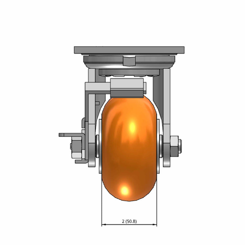 Top dimensioned CAD view of an Albion Casters 4" x 2" wide wheel Swivel caster with 4" x 4-1/2" top plate, with a side locking brake, AN - Round Polyurethane (Aluminum Core) wheel and 800 lb. capacity part
