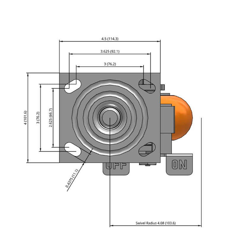 Side dimensioned CAD view of an Albion Casters 4" x 2" wide wheel Swivel caster with 4" x 4-1/2" top plate, with a side locking brake, AN - Round Polyurethane (Aluminum Core) wheel and 800 lb. capacity part