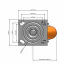 Side dimensioned CAD view of an Albion Casters 4" x 2" wide wheel Swivel caster with 4" x 4-1/2" top plate, without a brake, AN - Round Polyurethane (Aluminum Core) wheel and 800 lb. capacity part