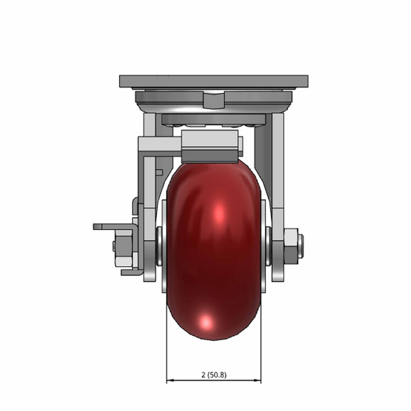 Top dimensioned CAD view of an Albion Casters 4" x 2" wide wheel Swivel caster with 4" x 4-1/2" top plate, with a side locking brake, AX - Round Polyurethane (Aluminum Core) wheel and 700 lb. capacity part