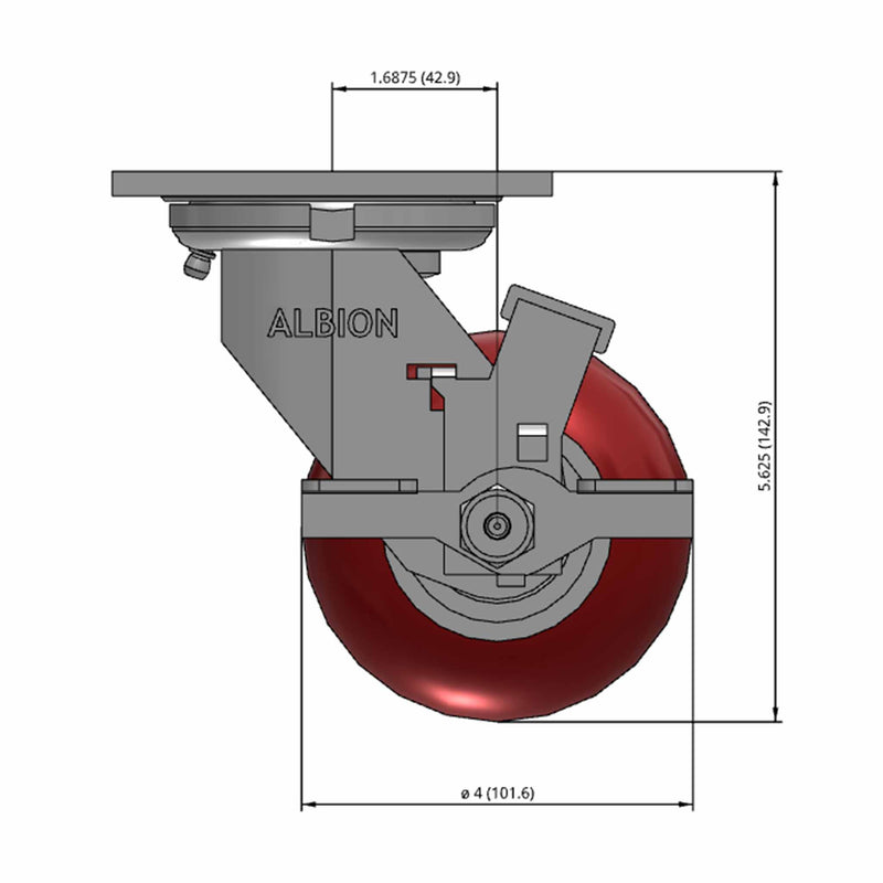 Front dimensioned CAD view of an Albion Casters 4" x 2" wide wheel Swivel caster with 4" x 4-1/2" top plate, with a side locking brake, AX - Round Polyurethane (Aluminum Core) wheel and 700 lb. capacity part