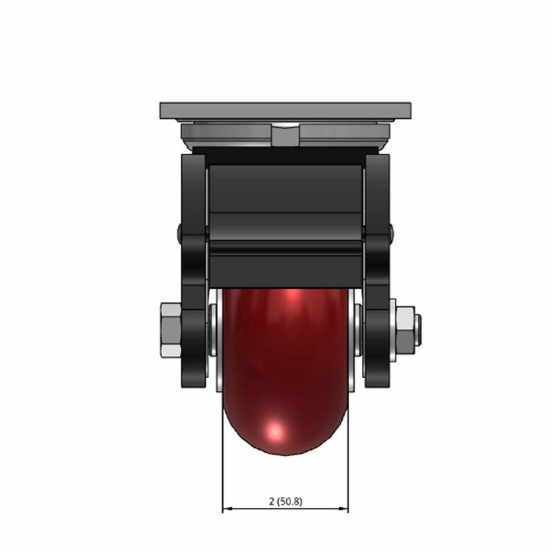 Top dimensioned CAD view of an Albion Casters 4" x 2" wide wheel Swivel caster with 4" x 4-1/2" top plate, with a top total locking brake, AX - Round Polyurethane (Aluminum Core) wheel and 700 lb. capacity part
