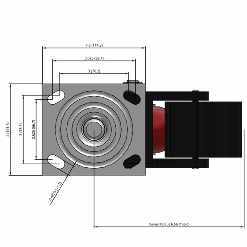 Side dimensioned CAD view of an Albion Casters 4" x 2" wide wheel Swivel caster with 4" x 4-1/2" top plate, with a top total locking brake, AX - Round Polyurethane (Aluminum Core) wheel and 700 lb. capacity part