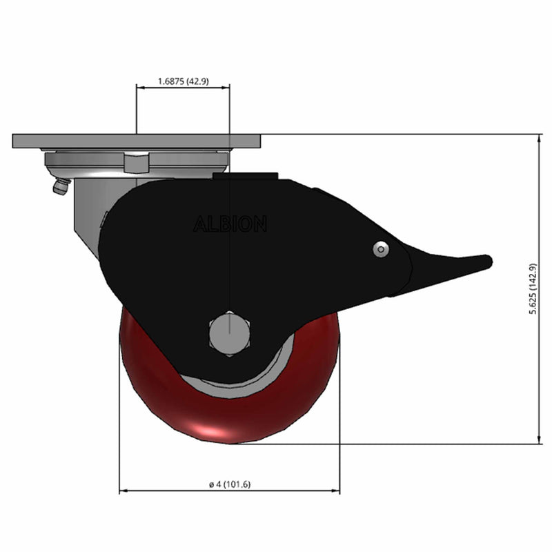 Front dimensioned CAD view of an Albion Casters 4" x 2" wide wheel Swivel caster with 4" x 4-1/2" top plate, with a top total locking brake, AX - Round Polyurethane (Aluminum Core) wheel and 700 lb. capacity part