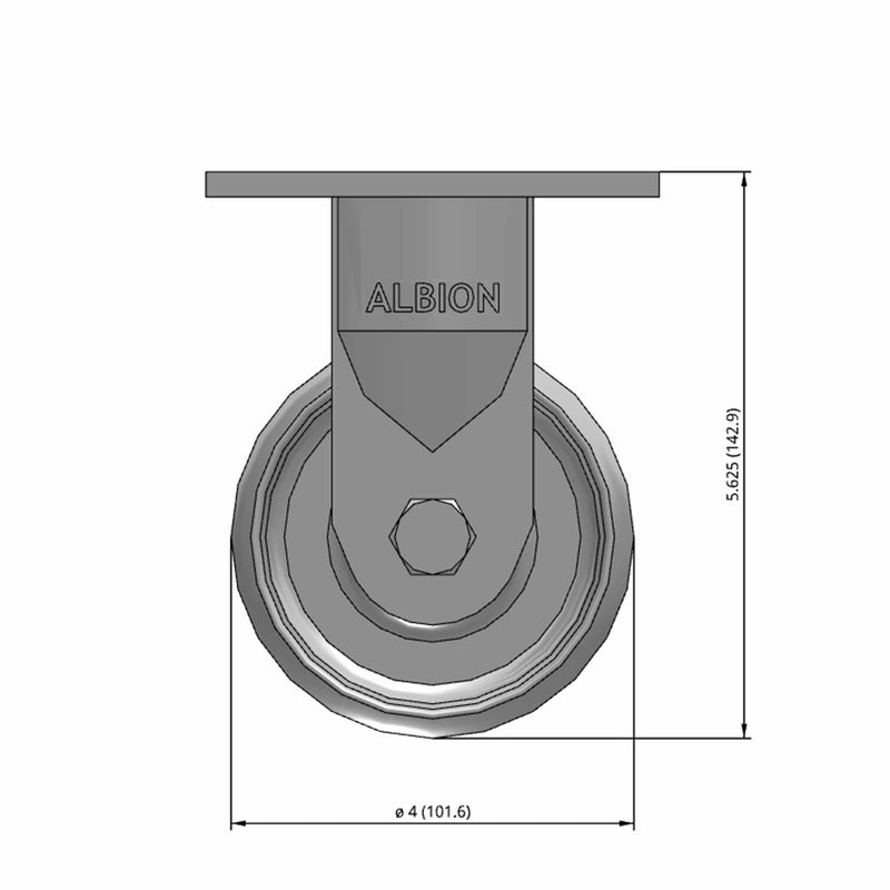 Front dimensioned CAD view of an Albion Casters 4" x 2" wide wheel Rigid caster with 4" x 4-1/2" top plate, without a brake, CA - Cast Iron wheel and 800 lb. capacity part