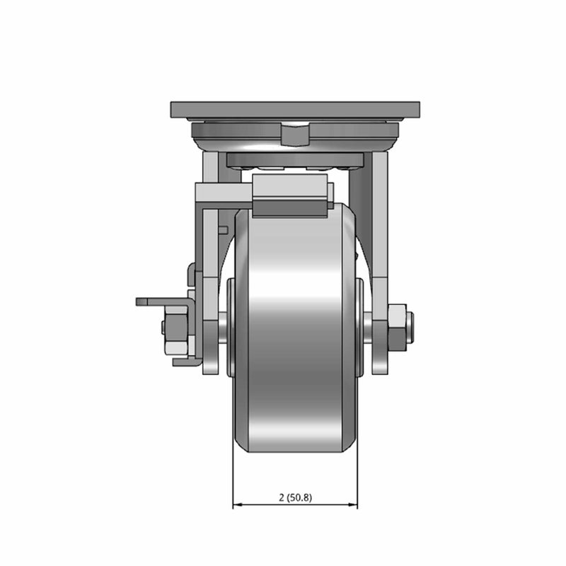 Top dimensioned CAD view of an Albion Casters 4" x 2" wide wheel Swivel caster with 4" x 4-1/2" top plate, with a side locking brake, CA - Cast Iron wheel and 800 lb. capacity part