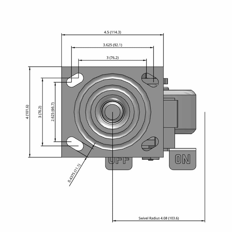 Side dimensioned CAD view of an Albion Casters 4" x 2" wide wheel Swivel caster with 4" x 4-1/2" top plate, with a side locking brake, CA - Cast Iron wheel and 800 lb. capacity part