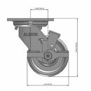 Front dimensioned CAD view of an Albion Casters 4" x 2" wide wheel Swivel caster with 4" x 4-1/2" top plate, with a side locking brake, CA - Cast Iron wheel and 800 lb. capacity part