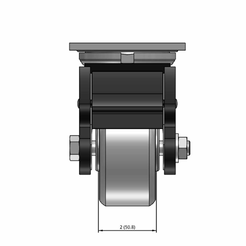 Top dimensioned CAD view of an Albion Casters 4" x 2" wide wheel Swivel caster with 4" x 4-1/2" top plate, with a top total locking brake, CA - Cast Iron wheel and 800 lb. capacity part