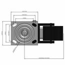 Side dimensioned CAD view of an Albion Casters 4" x 2" wide wheel Swivel caster with 4" x 4-1/2" top plate, with a top total locking brake, CA - Cast Iron wheel and 800 lb. capacity part